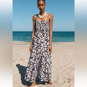 ZARA LINEN BLEND FLORAL PRINT MIDI DRESS